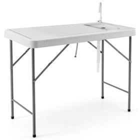 Folding Fish Cleaning Table with Sink and Faucet for Dock Picnic (Color: White)