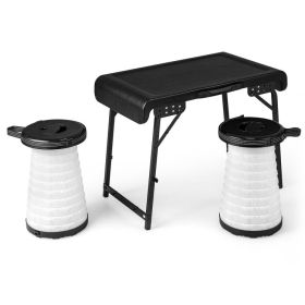 3 Pieces Folding Camping Table Stool Set with 2 Retractable LED Stools (Color: Black & White)